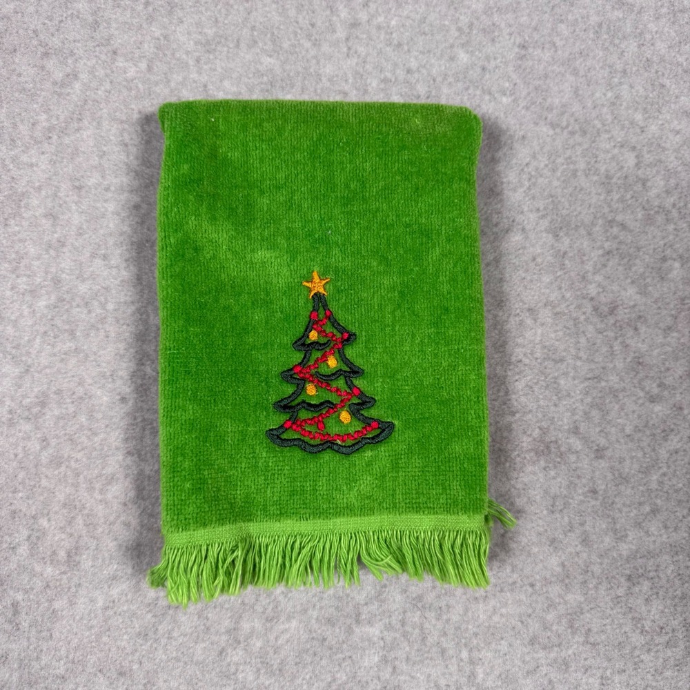 Vintage 70s Zodiac Green Christmas Tree Embroidered Cotton Hand Towel Fringe USA